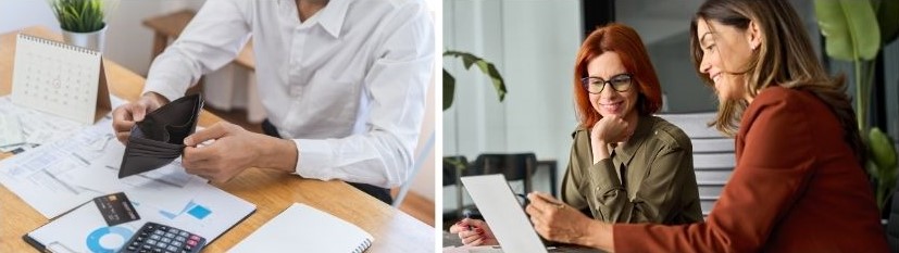 Foto di uomo senza soldi e donne che lavorano sorridenti