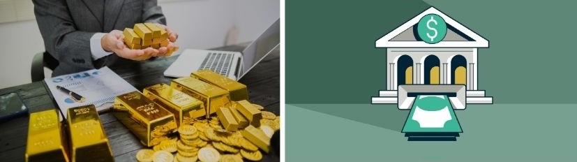Foto di uomo con lingotti d'oro in mano e illustrazione di una banca
