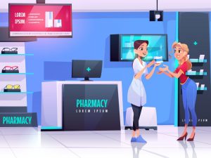 Illustrazione di una farmacista con una cliente