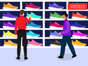 Illustrazione con persone che comprano scarpe sportive