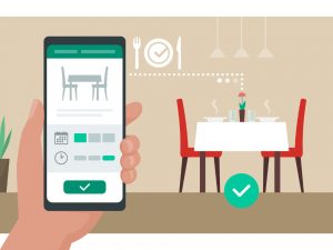 Illustrazione di un cellulare e un tavolo di un ristorante