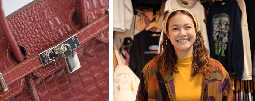 Foto di borsa e ragazza sorridente