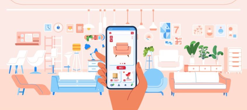 Illustrazione con telefono tenuto in mano dentro a un negozio