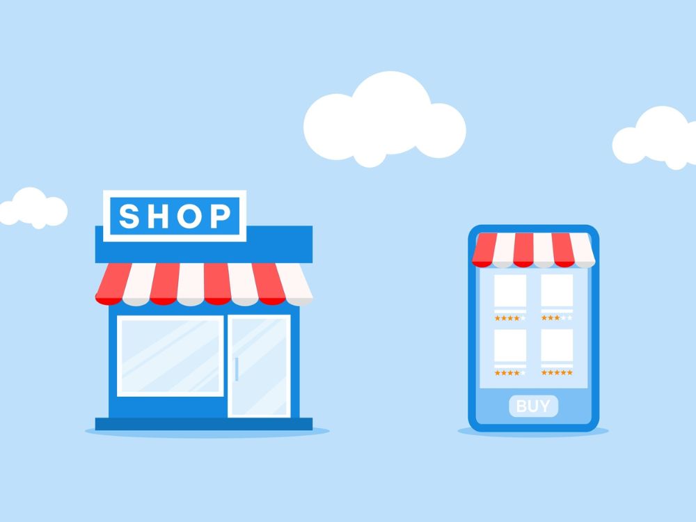 Illustrazione con negozio fisico e shop online