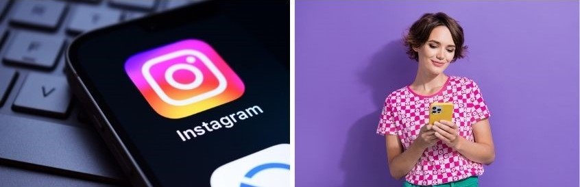 Foto con logo Instagram e donna che sta al telefono