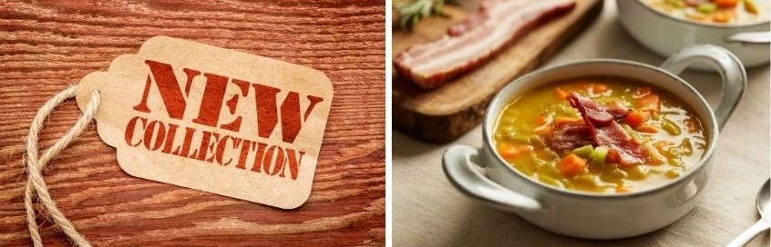 Foto con etichetta nuova collezione e zuppa di verdure