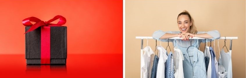 Foto doppia con regalo e donna con stendino