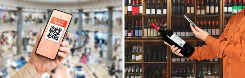 Foto doppia con qr code e donna che scansiona etichetta vino