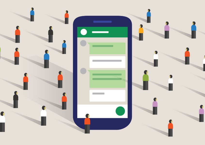 Illustrazione con telefono e persone che girano intorno