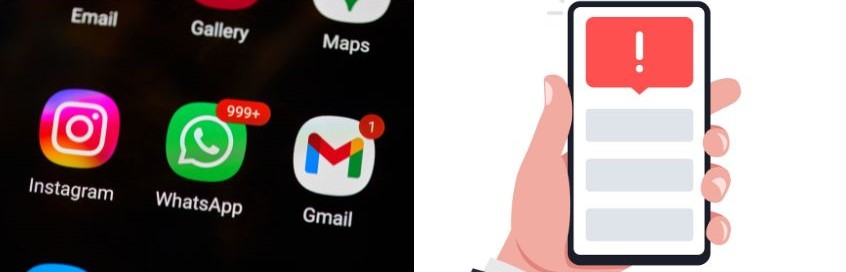 Foto con varie app del telefono e segnale di alert