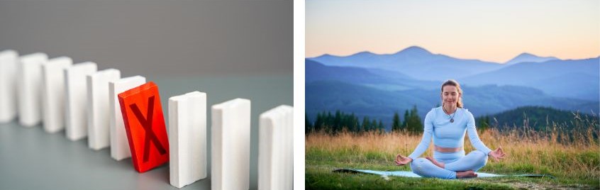 Foto doppia con tasselli domino e donna che fa yoga