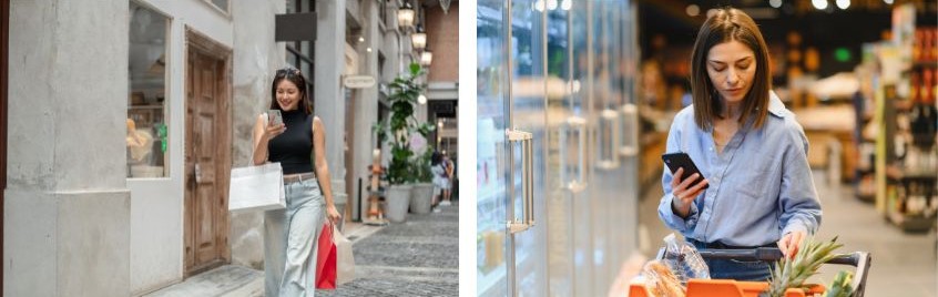 Foto doppia con donna che fa shopping e donna che fa la spesa
